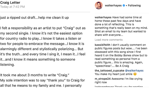 Walker Hayes Craig Letter via Instagram 
