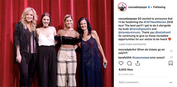 Cassadee Pope Took to Instagram to Announce Headlining Role on the 2019 CMT Next Women of Country Tour